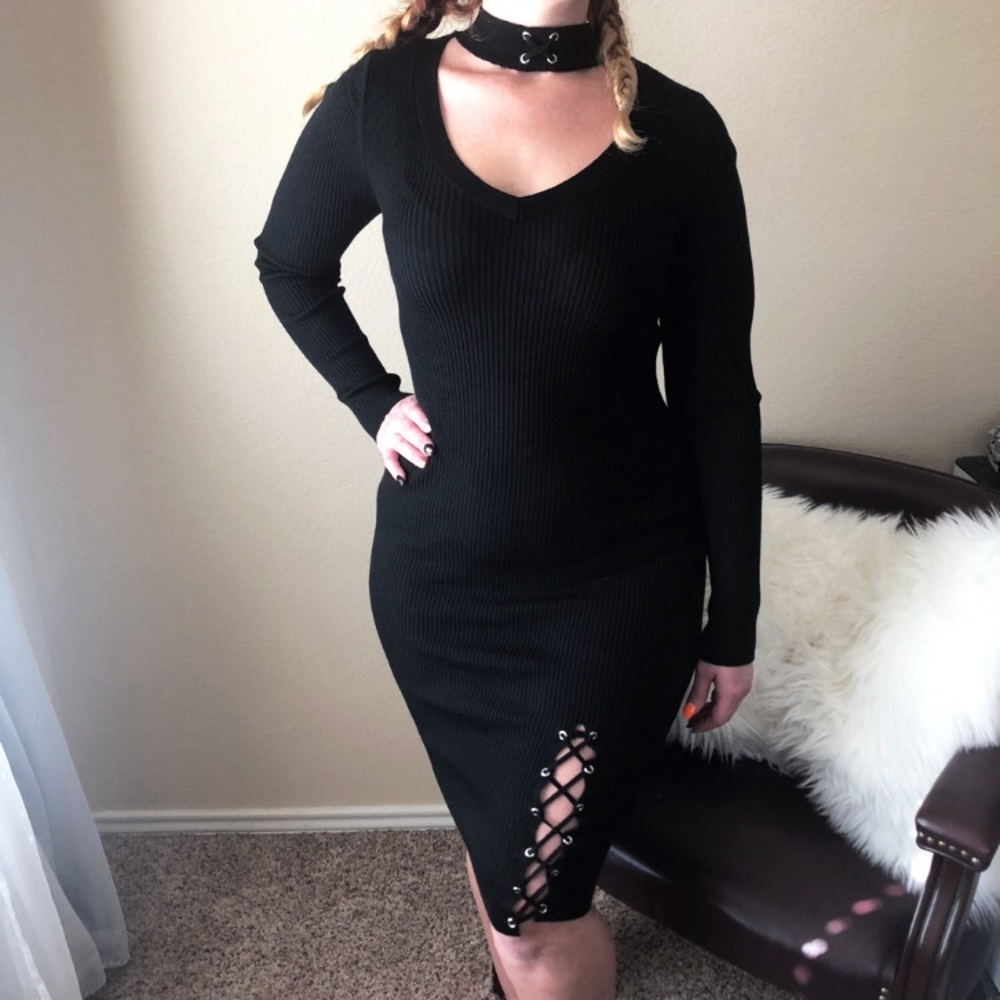 Derek Heart Black Sweater Dress with Choker Cut Out Lace Up Side Slit Size L